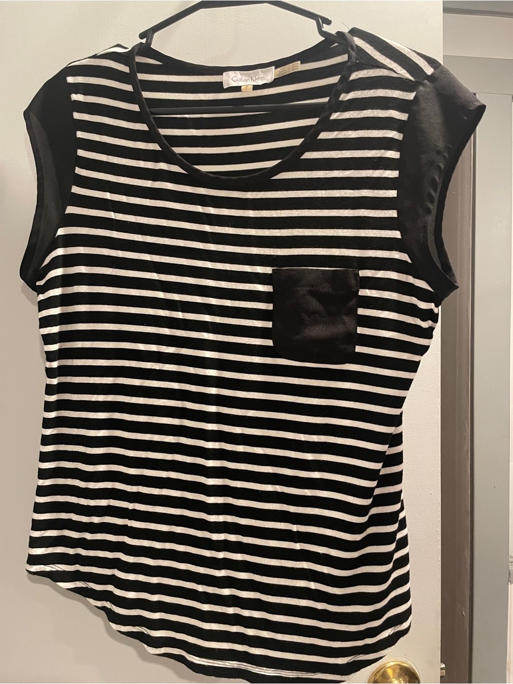 Calvin Klein Black and White Striped Cap-Sleeve Pocket Tee size M